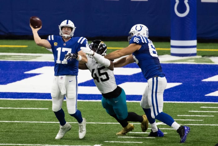 Indianapolis Colts offensive left tackle Jared Veldheer (65) blocks for quarterback Philip Rivers in Sunday's Week 17 home win over the Jacksonville Jaguars. Veldheer had two days of practice after not playing all season and was pressed into starting.